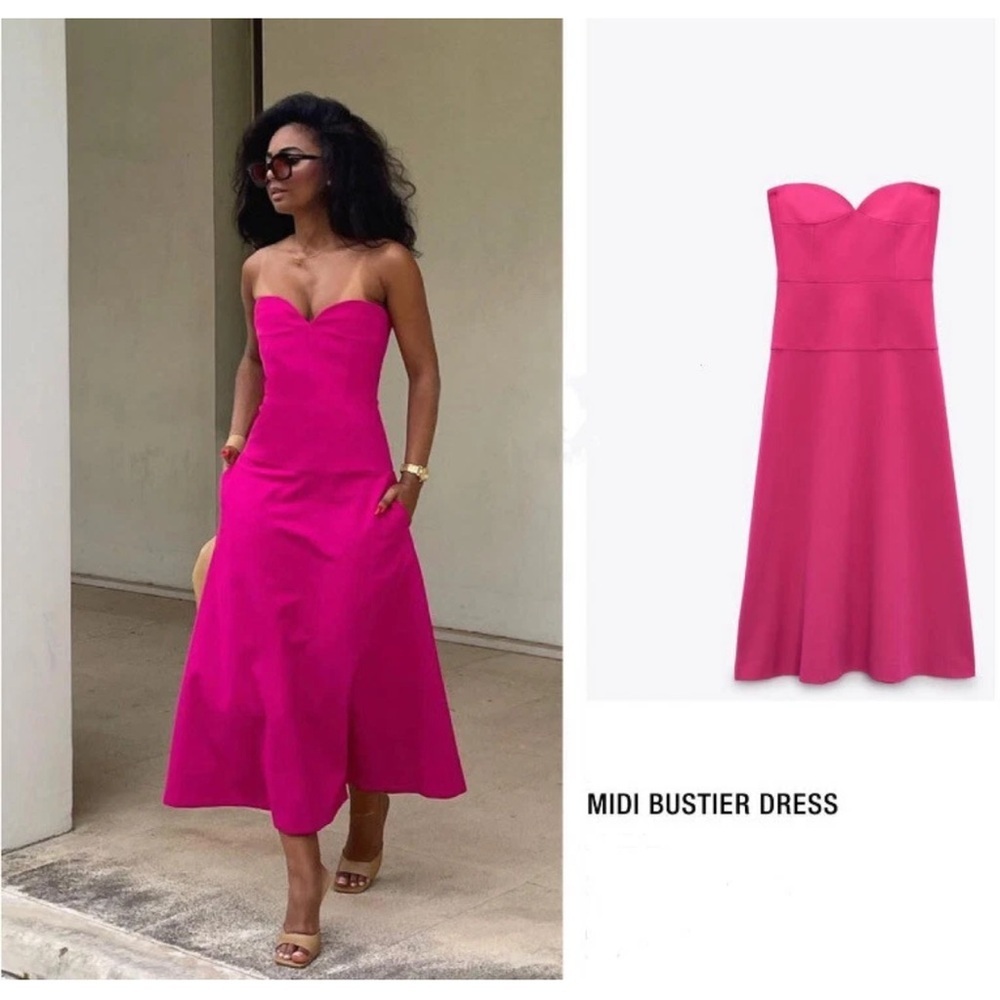 Zara Strapless Midi Dress in Vibrant Pink - Picture 2 of 5